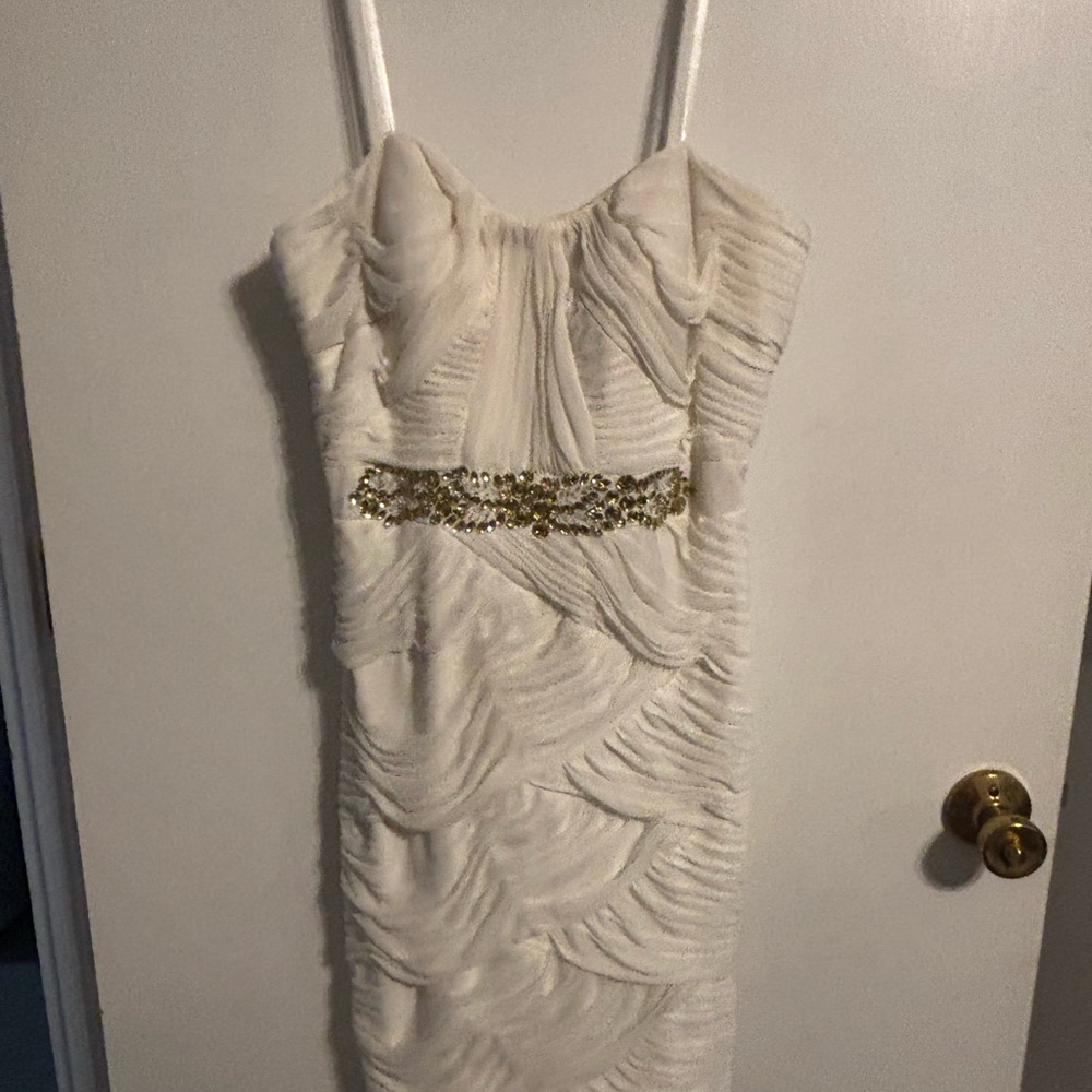 Cache Strapless Cream Cocktail Dress with Gold Beaded Waist